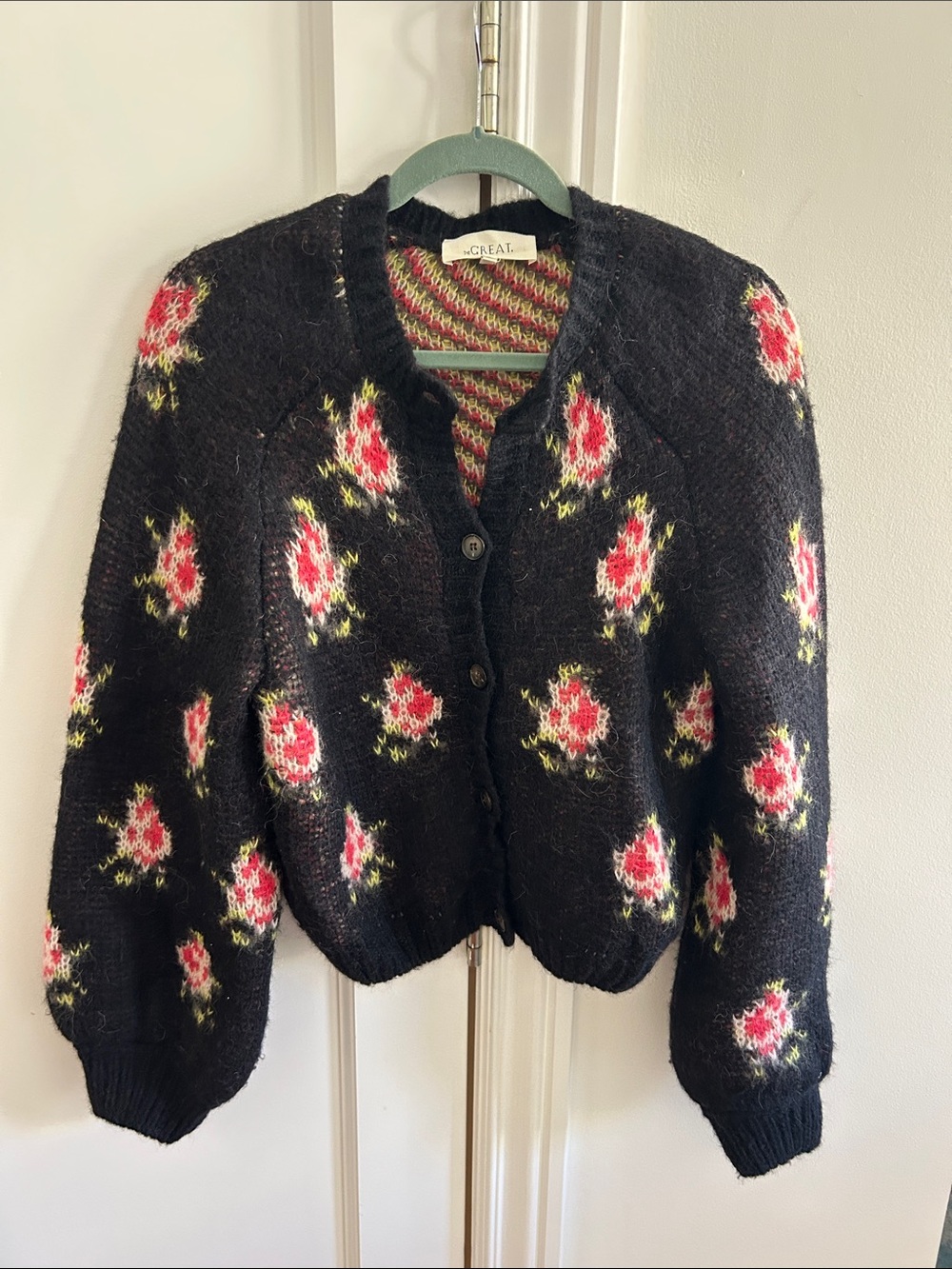 THE GREAT. Black Floral Mohair Cardigan with Pink Roses